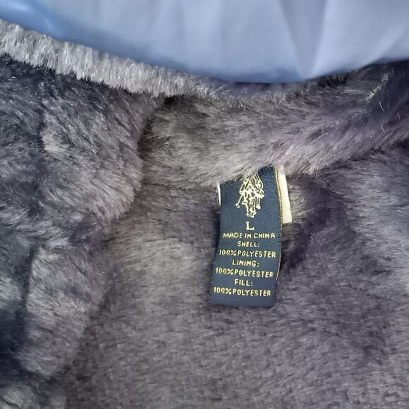 U.S. Polo Assn. Blue Hooded Puffer Jacket – Women’s Size L, Faux Fur Lining - Picture 5 of 7